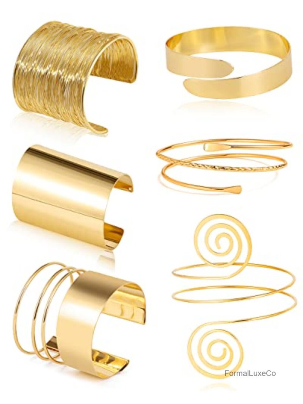 6-Piece Gold Upper Arm Cuff Bracelet Set, Minimalist Swirl Open Wire Adjustable